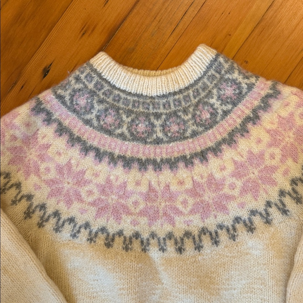 Vintage Handknit Eddie Bauer 100% Wool Fair Isle Sweater Sz L White Pink 1990 - Picture 3 of 10